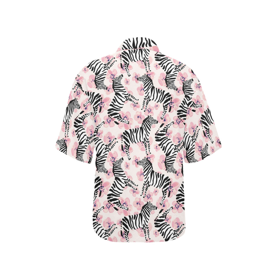 Zebra pink flower background Women's All Over Print Hawaiian Shirt