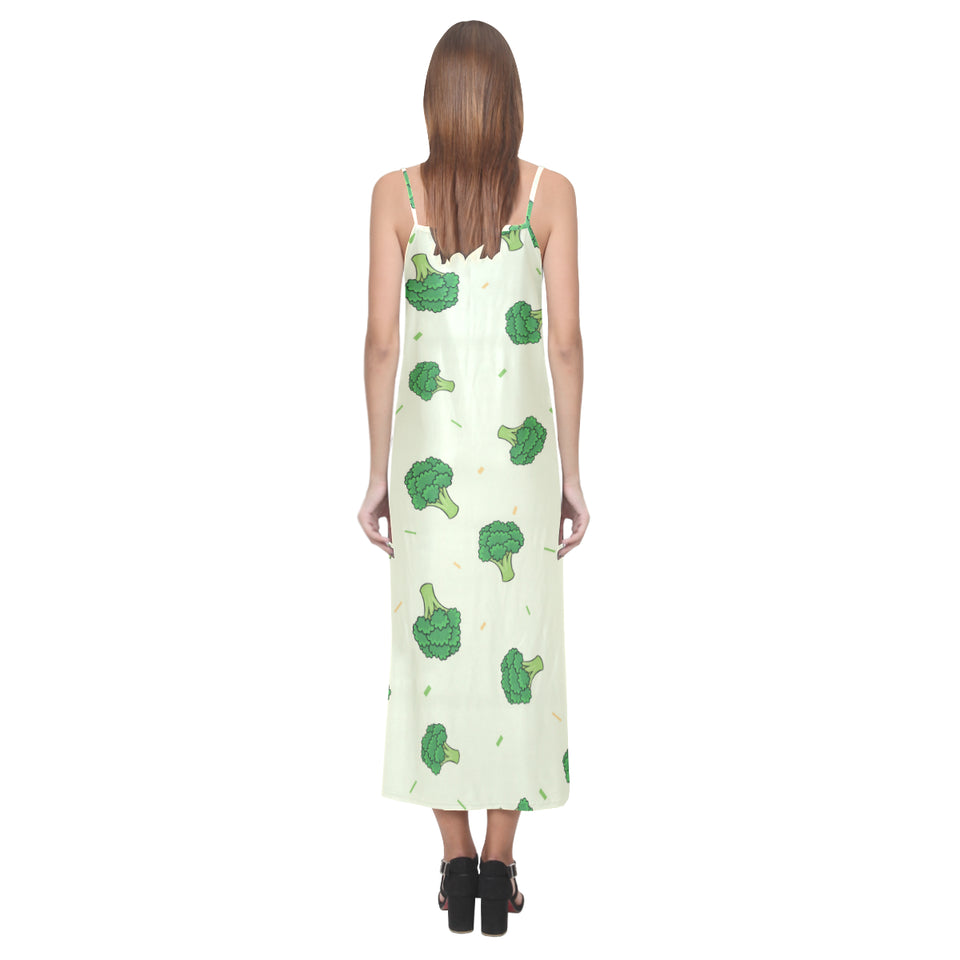 Broccoli pattern V-Neck Open Fork Long Dress