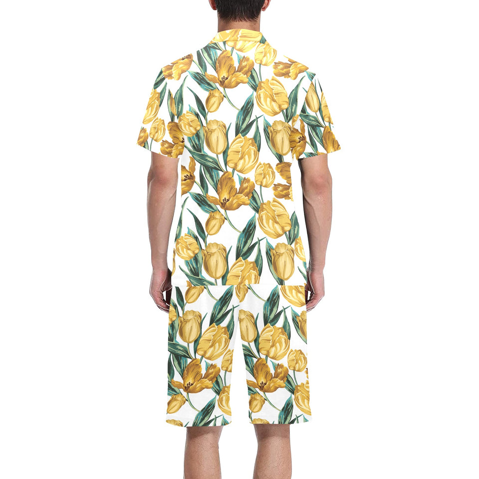 yellow tulips pattern Men's V-Neck Short Pajama Set