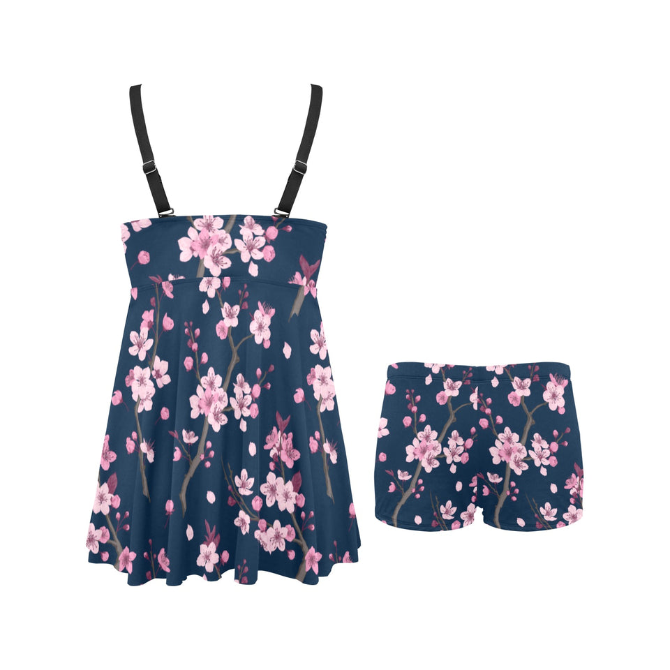 Pink sakura cherry blossom blue background Chest Sexy Pleated Two Piece Swim Dress