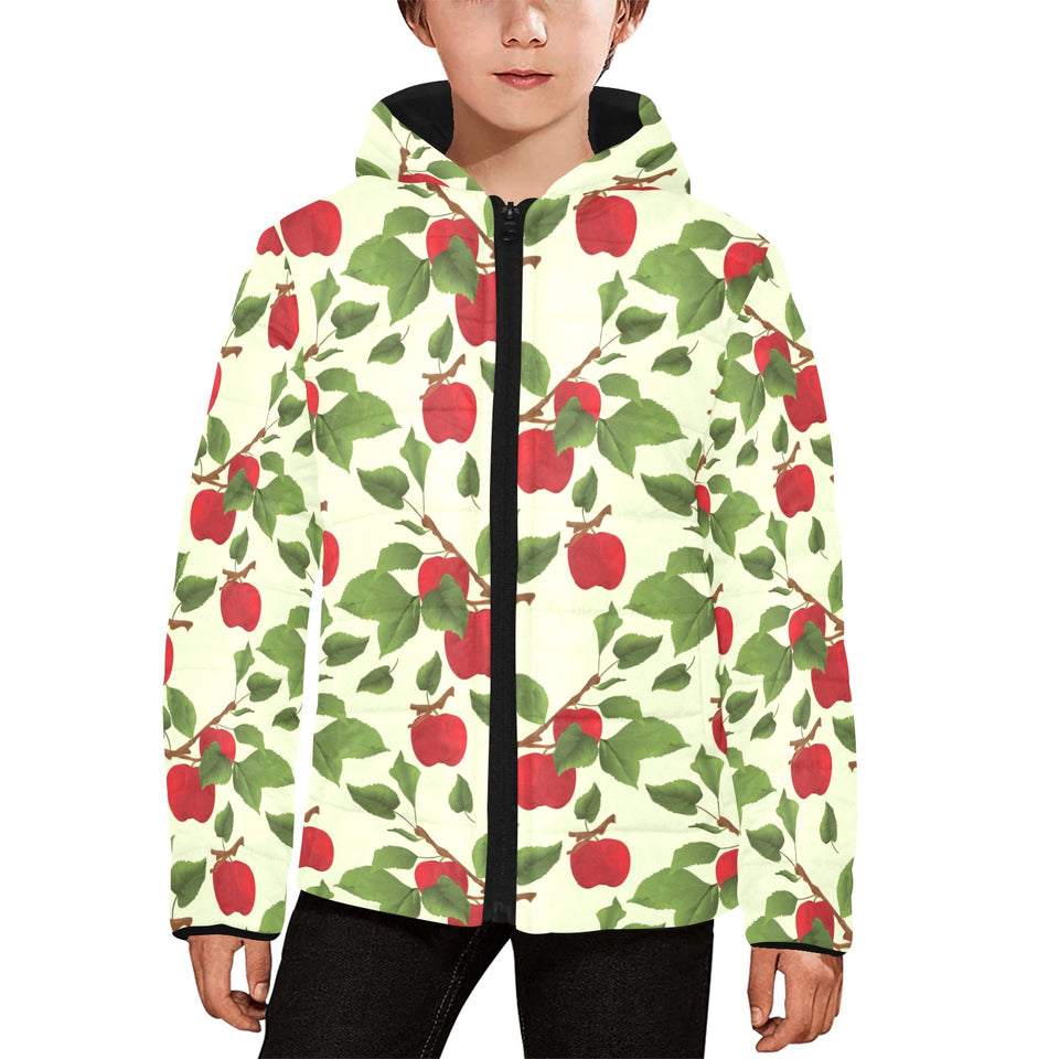 Red apples leaves pattern Kids' Boys' Girls' Padded Hooded Jacket