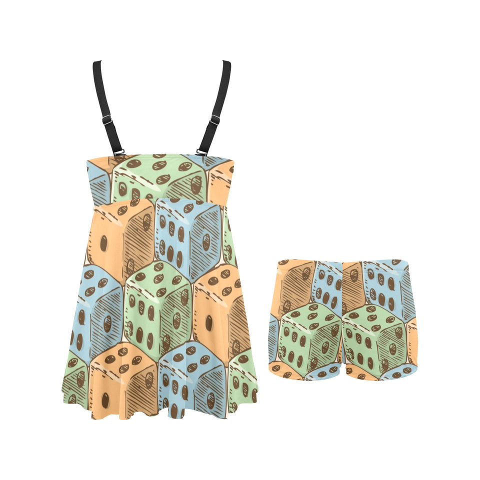 Dice Pattern Print Design 05 Chest Sexy Pleated Two Piece Swim Dress