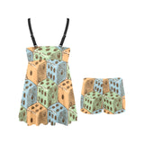Dice Pattern Print Design 05 Chest Sexy Pleated Two Piece Swim Dress
