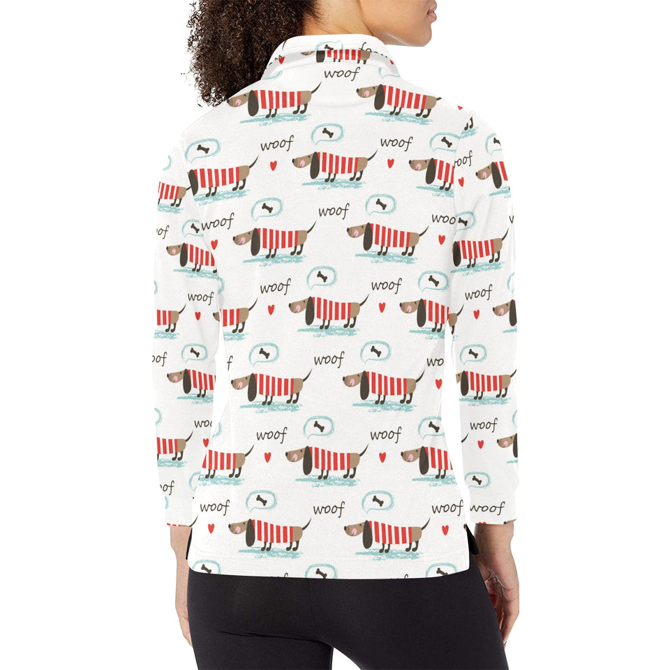 Cute dachshund bone pattern Women's Long Sleeve Polo Shirt