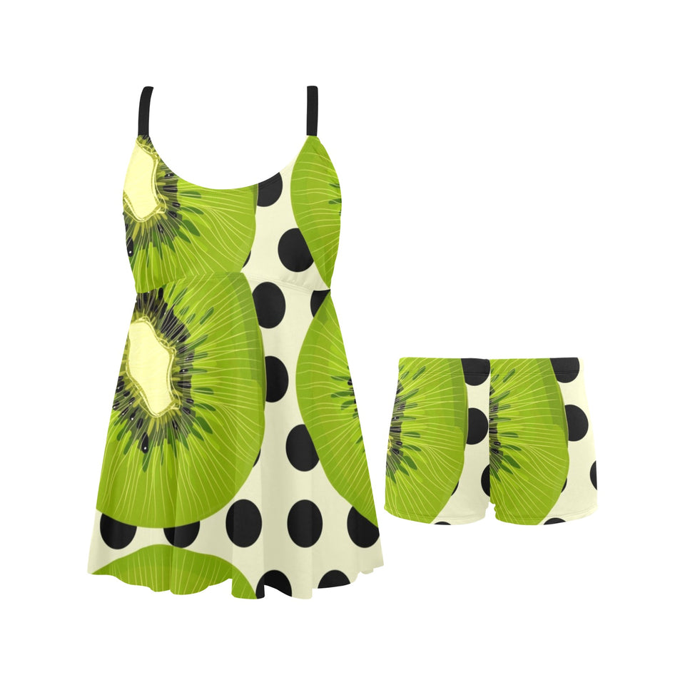 kiwi black dot background Chest Sexy Pleated Two Piece Swim Dress