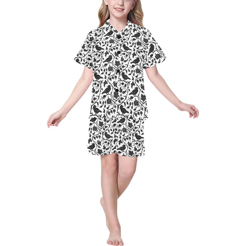 Crow dark floral pattern Kids' Boys' Girls' V-Neck Short Pajama Set