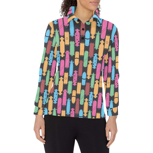 Skate Board Pattern Print Design 02 Women's Long Sleeve Polo Shirt