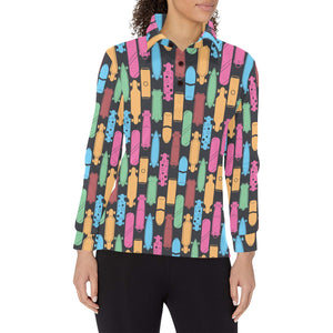 Skate Board Pattern Print Design 02 Women's Long Sleeve Polo Shirt