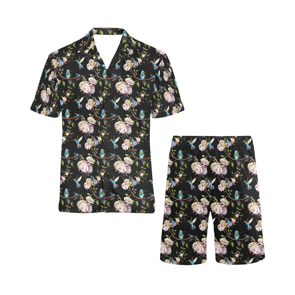 Hummingbird Pattern Print Design 03 Men's V-Neck Short Pajama Set