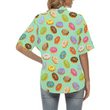 Colorful donut pattern green background Women's All Over Print Hawaiian Shirt