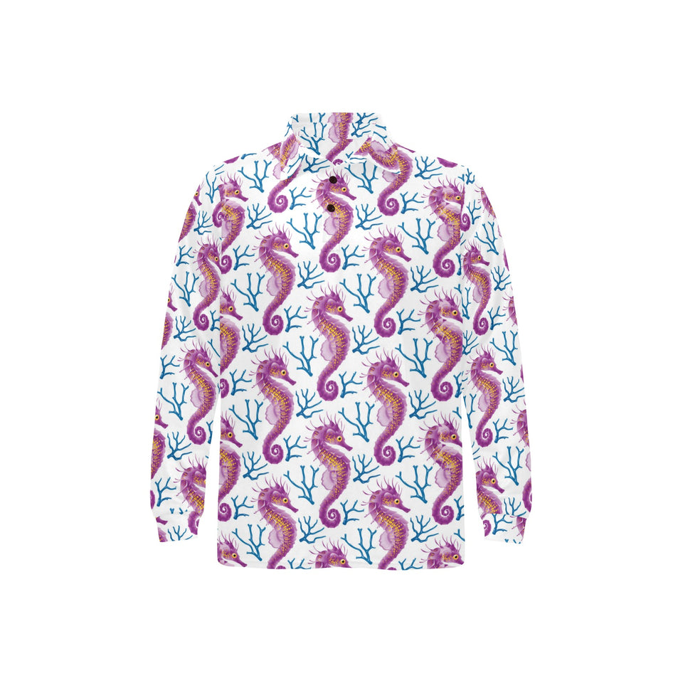 Purple seahorse blue coral pattern Men's Long Sleeve Polo Shirt