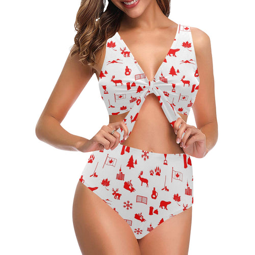Canada Pattern Print Design 04 Chest Bowknot High Waisted Bikini Swimsuit