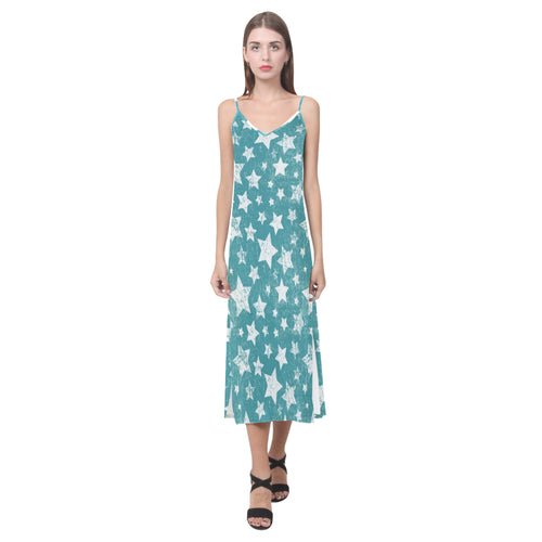 Vintage star pattern V-Neck Open Fork Long Dress