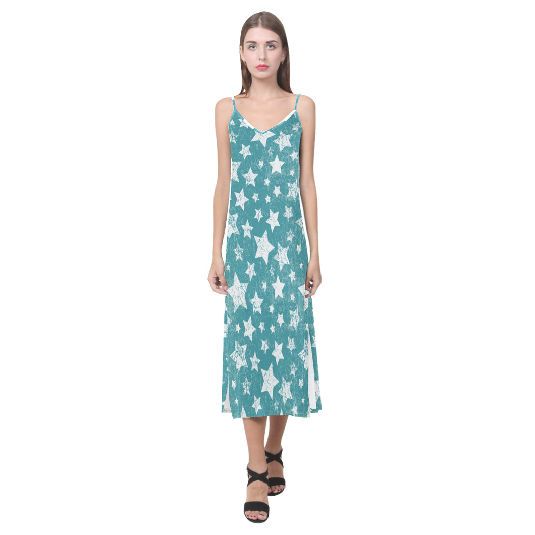 Vintage star pattern V-Neck Open Fork Long Dress