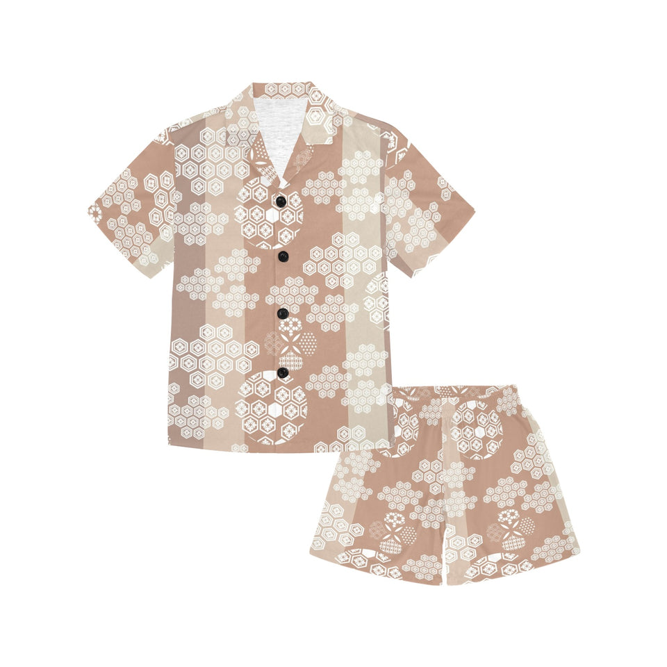 Beautiful hexagon japanese  pattern Kids' Boys' Girls' V-Neck Short Pajama Set