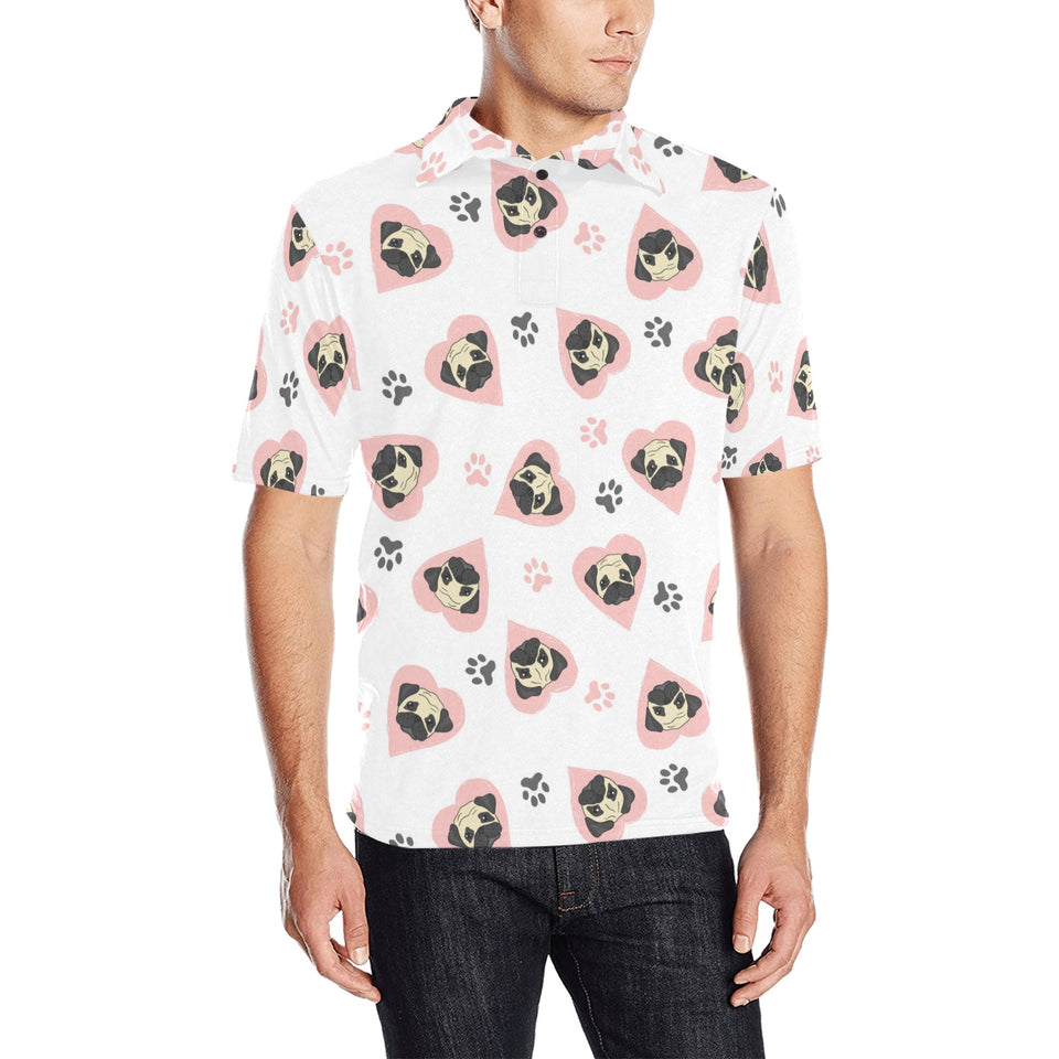Cute pugs pink heart paw pattern Men's All Over Print Polo Shirt