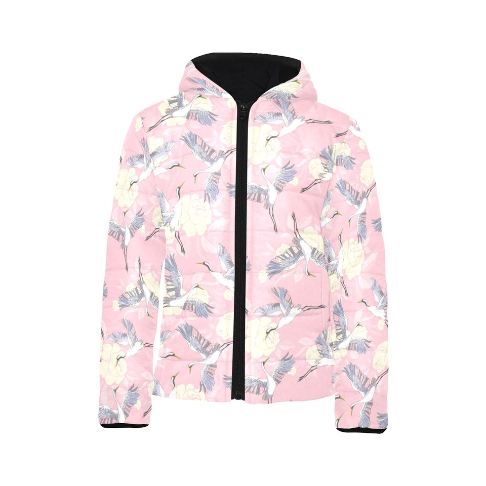 Japanese crane rose pattern Kids' Boys' Girls' Padded Hooded Jacket