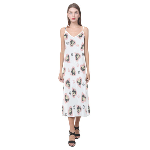 Cute pugs pink heart paw pattern V-Neck Open Fork Long Dress