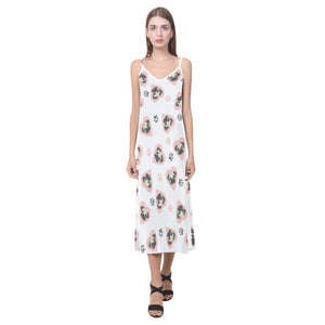 Cute pugs pink heart paw pattern V-Neck Open Fork Long Dress