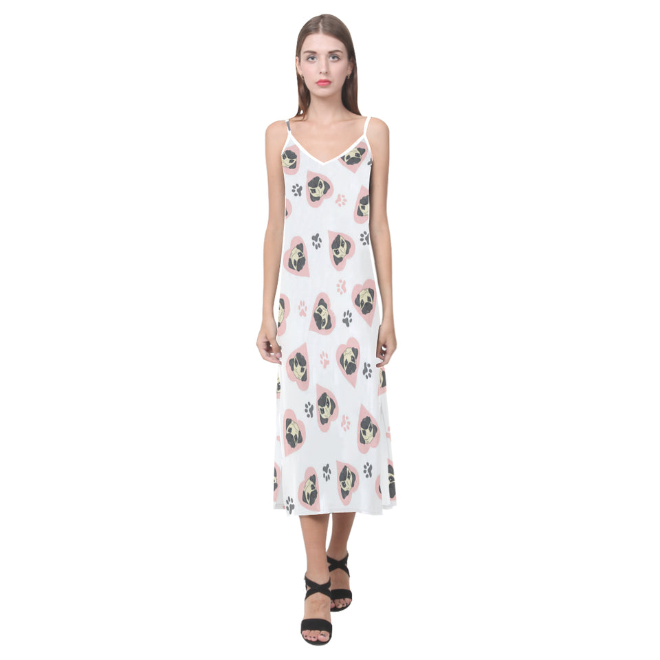 Cute pugs pink heart paw pattern V-Neck Open Fork Long Dress