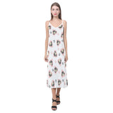 Cute pugs pink heart paw pattern V-Neck Open Fork Long Dress