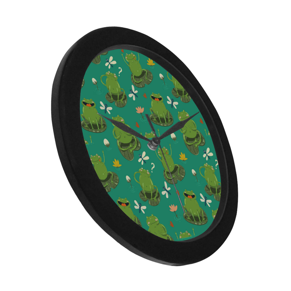 Cute frog dragonfly design pattern Elegant Black Wall Clock