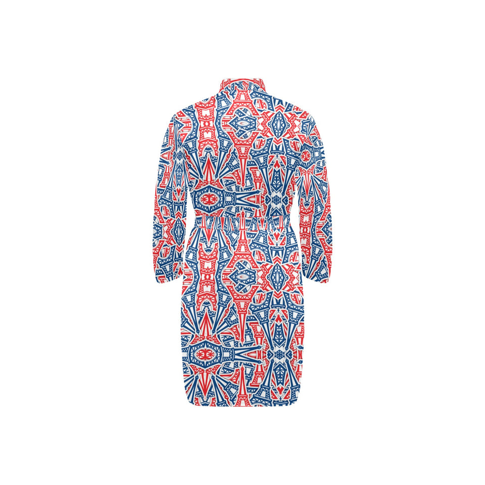 Blue Red Eiffel Tower Pattern Print Design 02 Men's Long Sleeve Belted Night Robe