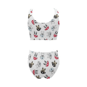 French bulldog cup paw pattern Chest Bowknot High Waisted Bikini Swimsuit
