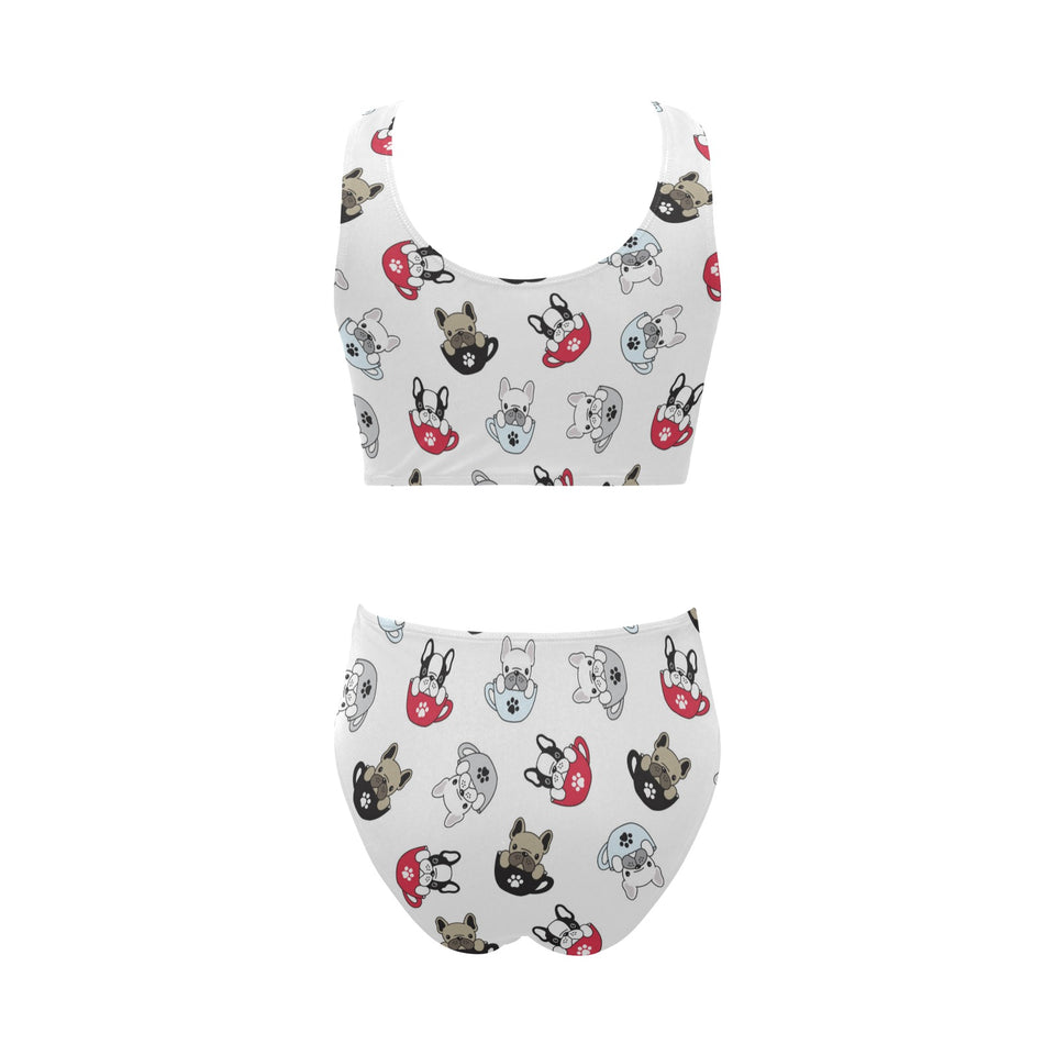 French bulldog cup paw pattern Chest Bowknot High Waisted Bikini Swimsuit