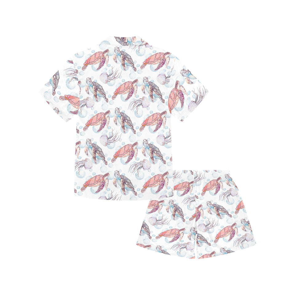 Watercolor sea turtle jellyfish pattern Kids' Boys' Girls' V-Neck Short Pajama Set