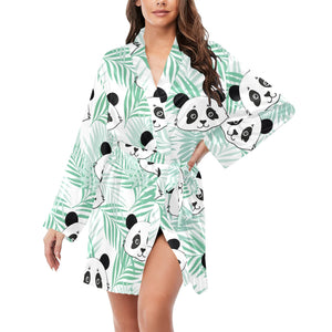 Panda pattern tropical leaves background Women's Long Sleeve Belted Night Robe