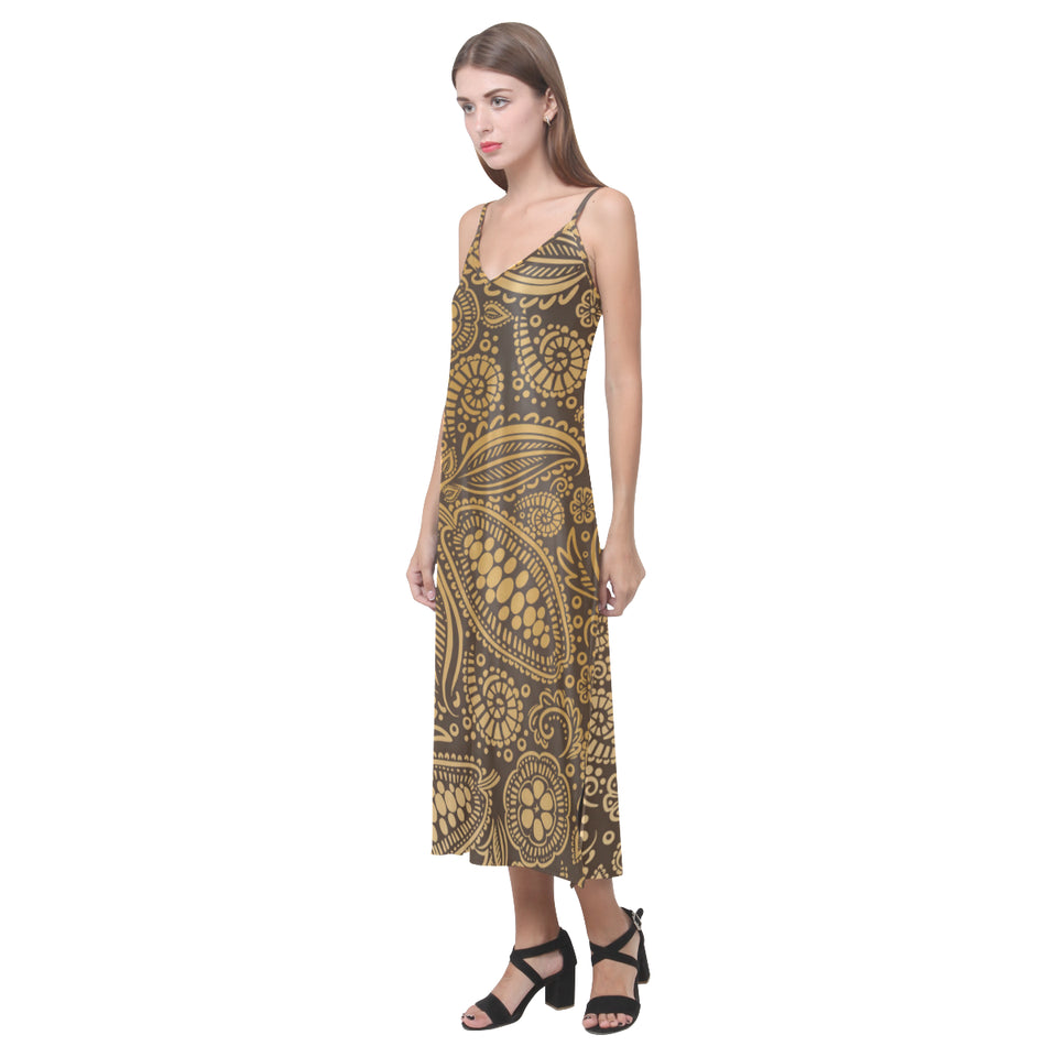 cacao beans tribal polynesian pattern background V-Neck Open Fork Long Dress