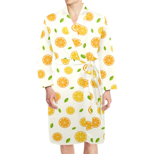 oranges leaves pattern Men's Long Sleeve Belted Night Robe