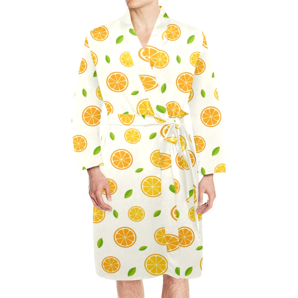 oranges leaves pattern Men's Long Sleeve Belted Night Robe