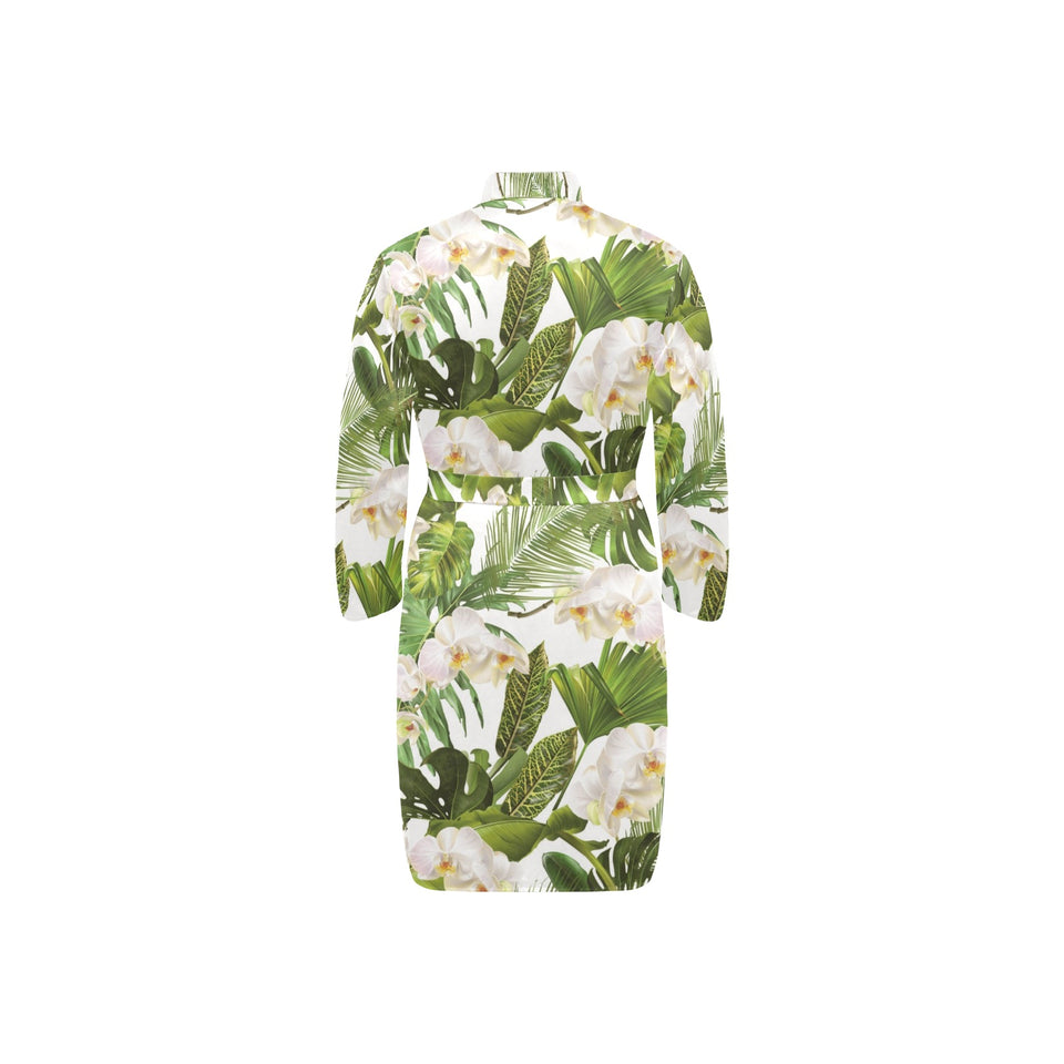 White orchid flower tropical leaves pattern Men's Long Sleeve Belted Night Robe
