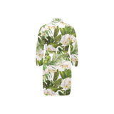 White orchid flower tropical leaves pattern Men's Long Sleeve Belted Night Robe
