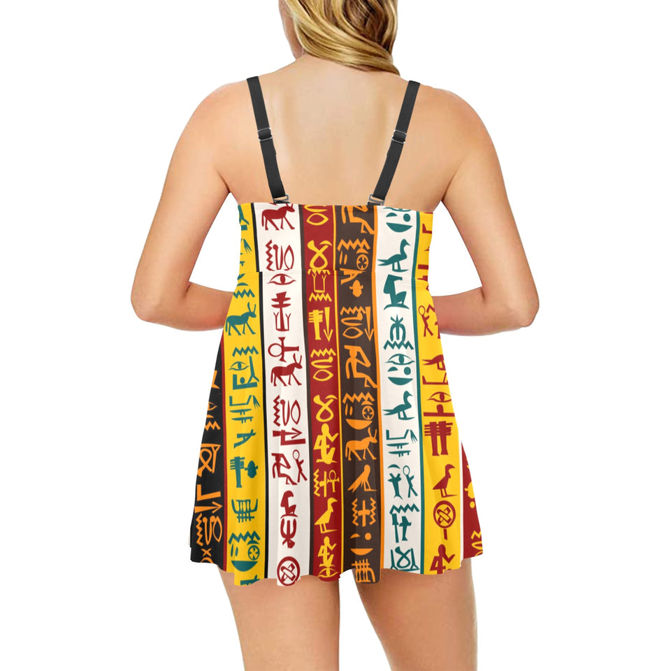 Egypt Hieroglyphics Pattern Print Design 01 Chest Sexy Pleated Two Piece Swim Dress