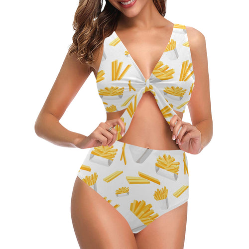 French fries white paper box pattern Chest Bowknot High Waisted Bikini Swimsuit