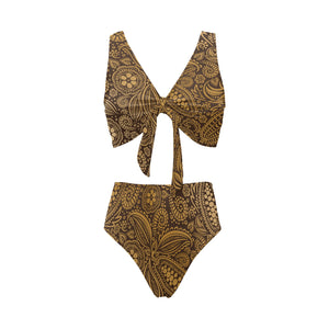 cacao beans tribal polynesian pattern background Chest Bowknot High Waisted Bikini Swimsuit