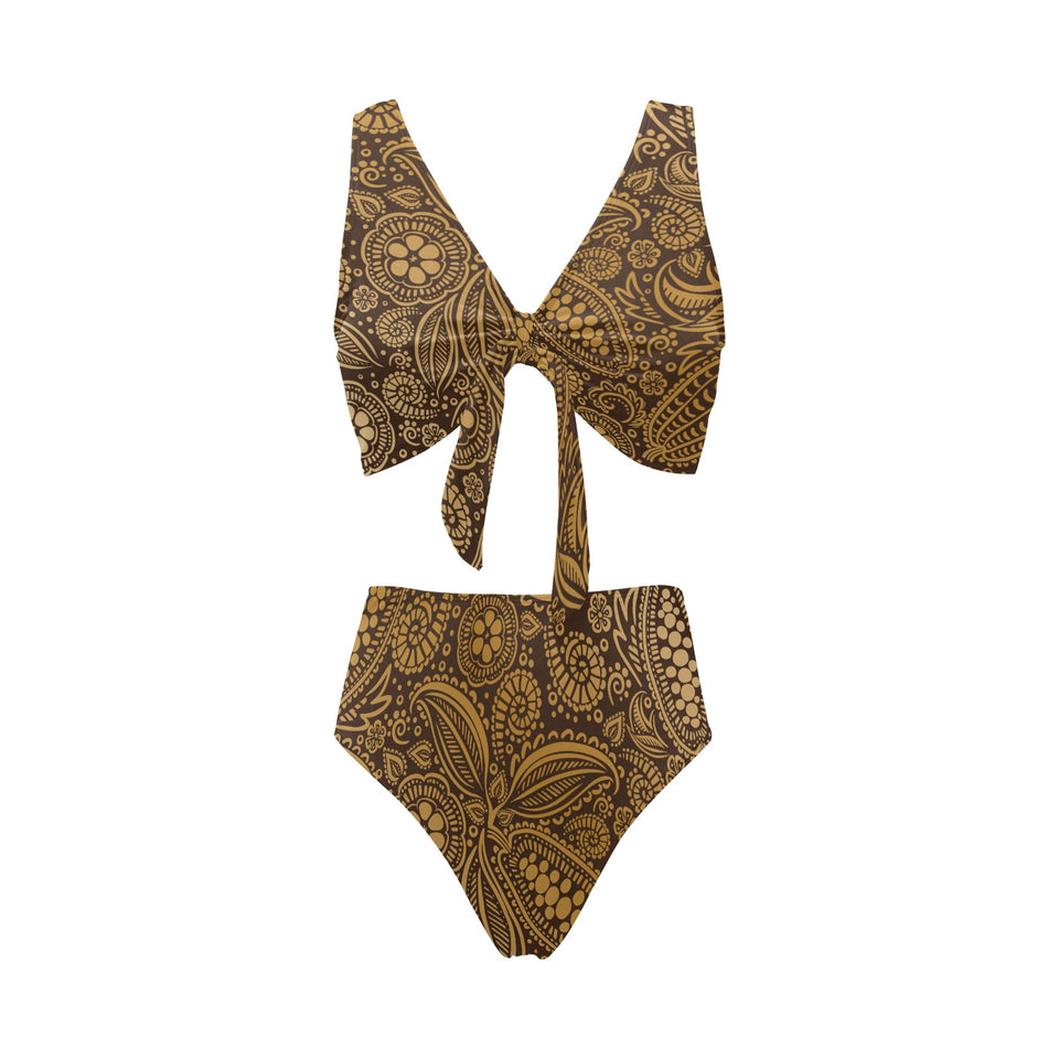 cacao beans tribal polynesian pattern background Chest Bowknot High Waisted Bikini Swimsuit