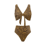 cacao beans tribal polynesian pattern background Chest Bowknot High Waisted Bikini Swimsuit