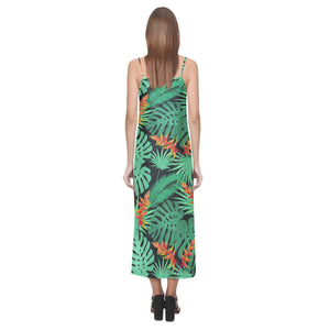 heliconia flower palm monstera leaves black backgr V-Neck Open Fork Long Dress