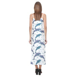 Dolphins pattern dotted background V-Neck Open Fork Long Dress