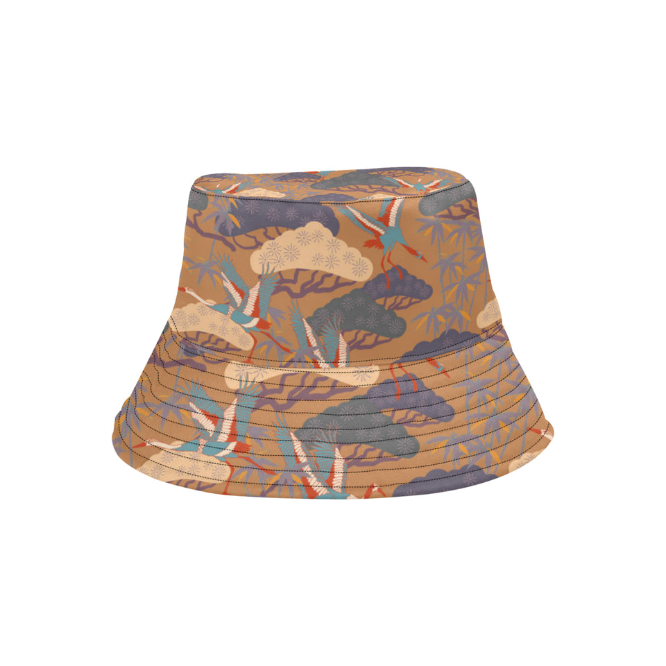 Bonsai bamboo stork japanese pattern brown theme Unisex Bucket Hat