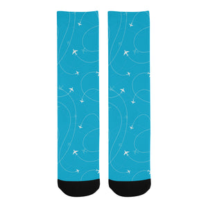 Airplane destinations blue background Crew Socks