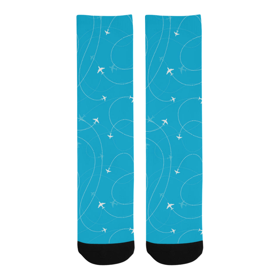 Airplane destinations blue background Crew Socks