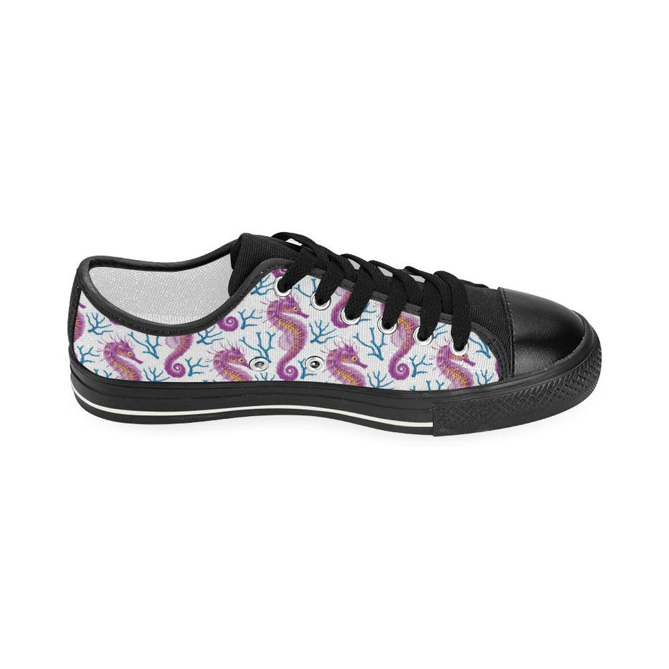 Purple seahorse blue coral pattern Kids' Boys' Girls' Low Top Canvas Shoes Black