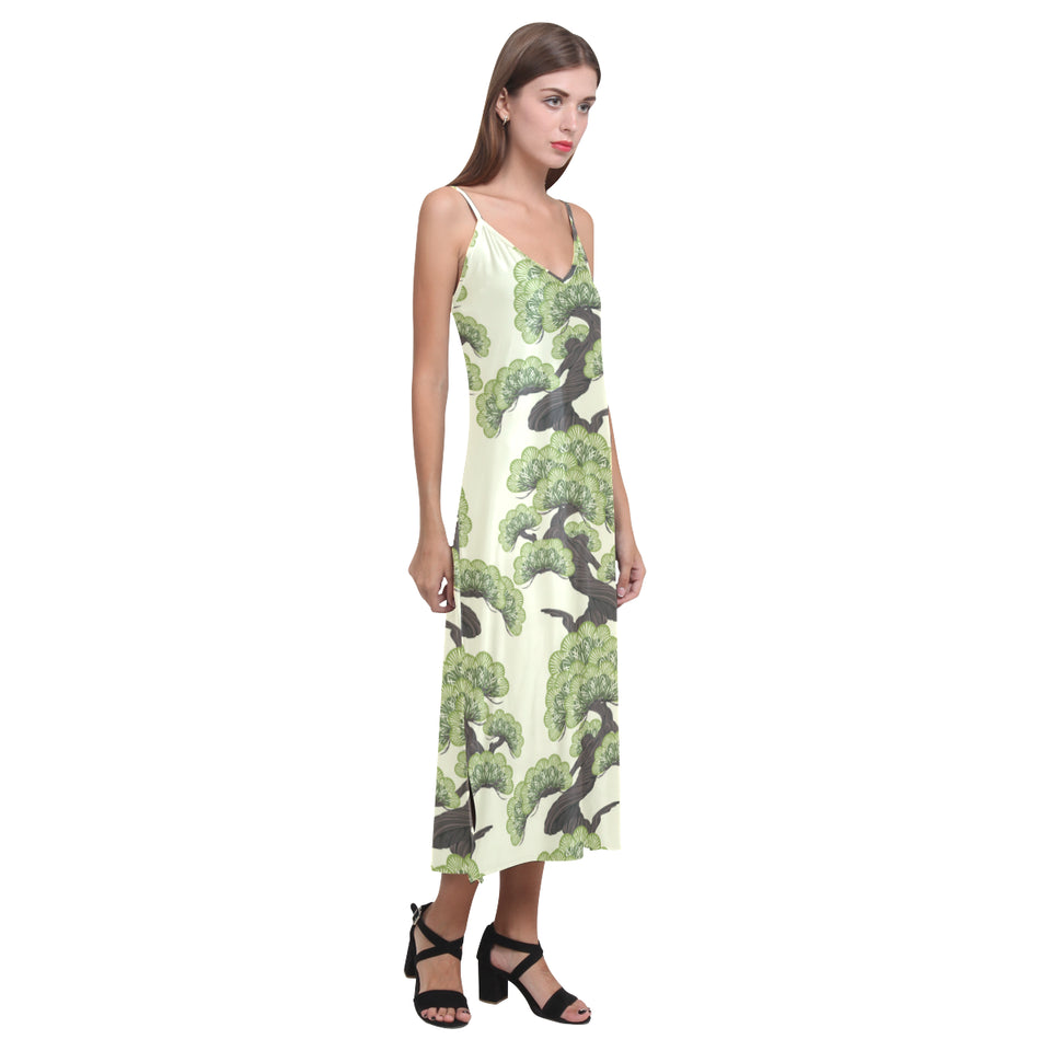 Bonsai pattern V-Neck Open Fork Long Dress