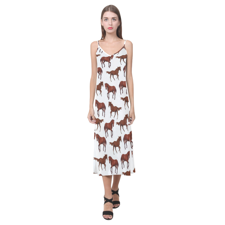 Horses running pattern background V-Neck Open Fork Long Dress