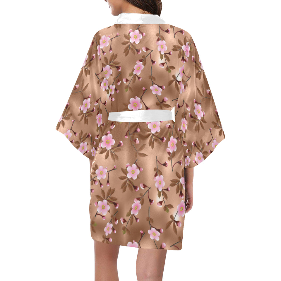 Pink sakura cherry blossom drak brown background Women's Short Kimono Robe
